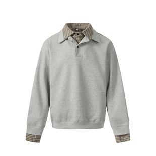 400g重磅灰色格子假两件卫衣男春季宽松休闲衬衫领套头长袖上衣