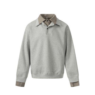 400g重磅灰色格子假两件卫衣男春季宽松休闲衬衫领套头长袖上衣