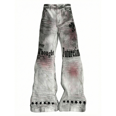 梁拌泡菜美式复古字母印花微喇牛仔裤男女百搭做旧水洗长裤街头风