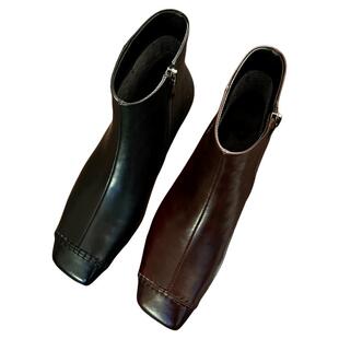 短靴女2025秋冬季新款粗跟中跟短筒靴子法式复古大码女鞋H158-213