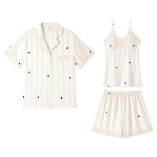 睡衣女夏冰丝三件套春秋带胸垫防凸点2026新款吊带短袖丝绸家居服