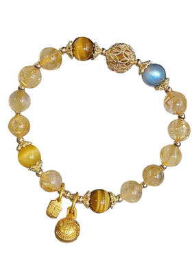 天然金发晶手串女款吞金兽黄发晶水晶手链招财福牌财富石好运礼物