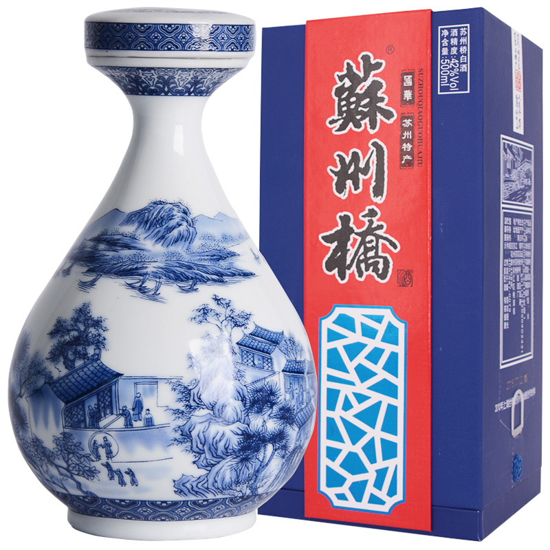 苏州桥国华白酒42度500ml浓香型青花瓷瓶礼盒送礼收藏佳品有礼袋
