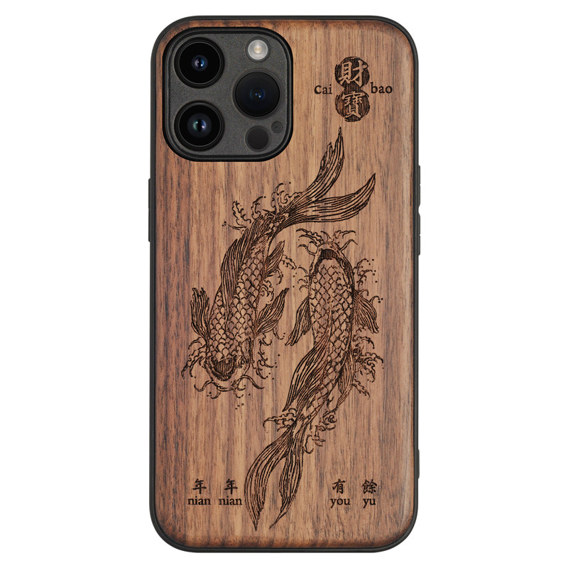 适用于iphone17中国风16Plus木质手机壳招财锦鲤15苹果14实木头保护套13Mini国潮鲤鱼发财12ProMa
