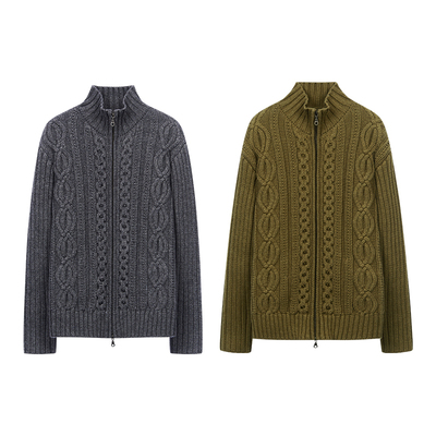 DOSORDONTS 50%羊毛秋冬新款复古双色立体绞花厚毛织开衫外套女