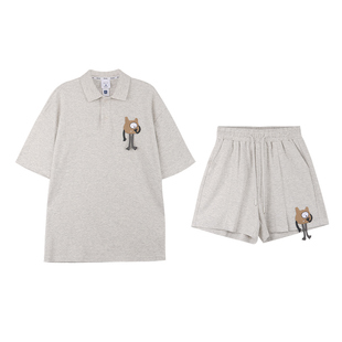 OD 卡通刺绣POLO领短袖T恤女两件套宽松学院风运动休闲短裤套装潮