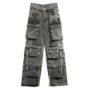 帅气多口袋休闲牛仔工装裤女春新款高腰宽松显瘦百搭直筒阔腿裤子