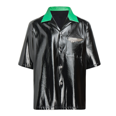 455EMBLE 新款撞色漆皮古巴领皮革中性短袖外套小众情侣 春夏新品