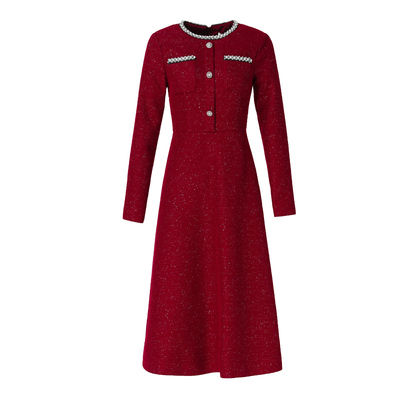 高端精致酒红色连衣裙2025春秋新款轻奢高级感收腰显瘦中长裙1017