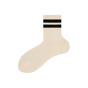 Beeff 双杠条纹无骨中长袜男女袜 粗线袜针织复古日杂 无染色米色