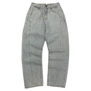 洗白牛仔裤男阿美咔叽宽松直筒拖地裤重水洗厚实拼接阔腿老爹裤女