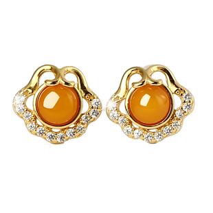 宫里上新蜜蜡耳钉女士纯银琥珀耳饰黄色小如意旺财生日礼物送妈妈