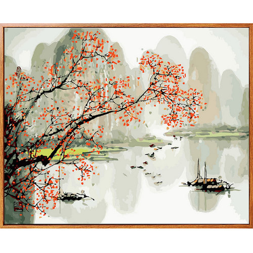 数字油画古风水墨画diy数字油彩画新中式手工填色画 江南风景樱花