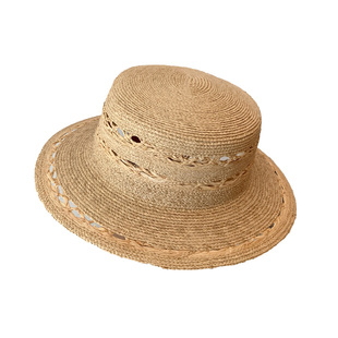 法式平顶手工编织拉菲草帽女夏季显脸小遮阳防晒海边度假沙滩帽子