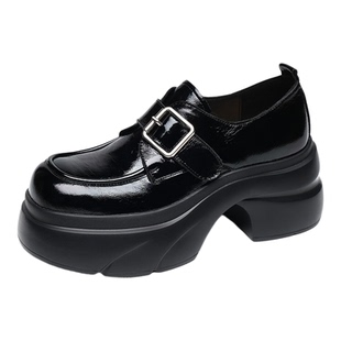 金猴女鞋2025秋季新款牛皮厚底乐福鞋女英伦风小皮鞋高跟漆皮女鞋