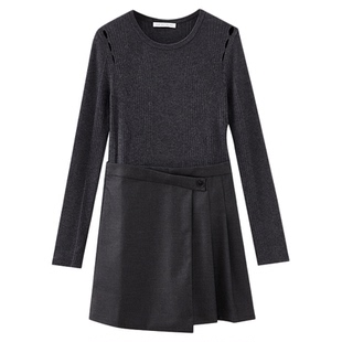 水云间灰色针织连衣裙女长袖压褶a字裙子修身端庄美学穿搭2025冬