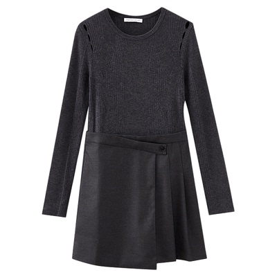 水云间灰色针织连衣裙女长袖压褶a字裙子修身端庄美学穿搭2025冬