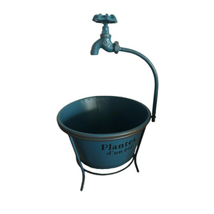 复古做旧铁艺圆形高腿水龙头造型花盆阳台花园庭院花洒铁皮桶花器