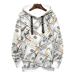 美元欧元英镑货币钞票金钱图案创意趣味加绒连帽卫衣男女外套帽衫