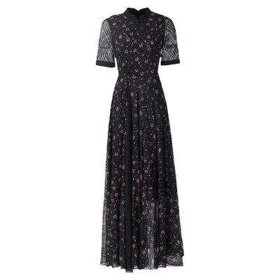 拼接植绒长款碎花大摆连衣裙