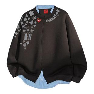 查尔斯桃心美式涂鸦印花假两件拼接卫衣男春秋季宽松休闲情侣上衣