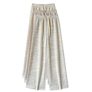 蓝色千鸟格阔腿裤女秋冬小个子韩系慵懒松弛感裤子加绒加厚格子裤