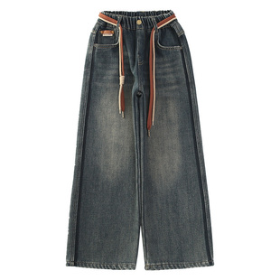 女童裤子加绒秋冬新款童装女孩秋冬加厚直筒阔腿裤儿童冬季牛仔裤