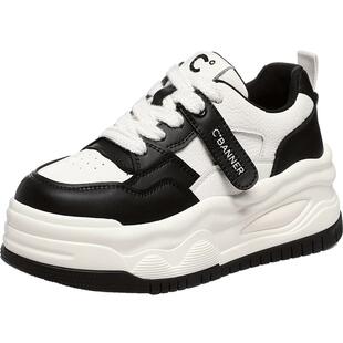 千百度小白鞋女款春季新款厚底板鞋女增高休闲鞋舒适百搭浅口系带