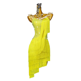 2026新款黄色专业拉丁舞比赛表演出服装桑伦巴流苏连衣裙艺考solo