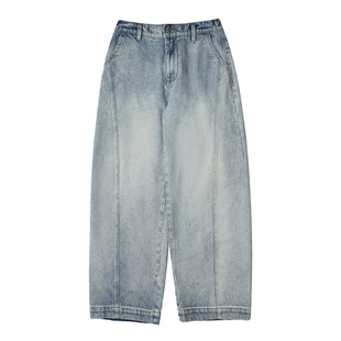 400G重磅嘿马七作美式春秋浅蓝色水洗牛仔长裤弯刀阔腿休闲裤子男