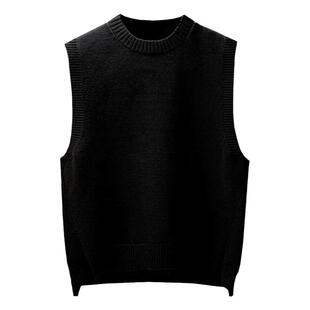 秋冬新款针织毛衣下摆开叉圆弧上衣男设计纯色长袖马甲背心两件套