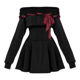 圣诞美式复古格子拼接一字肩长袖连衣裙女辣妹性感修身显瘦卫衣裙