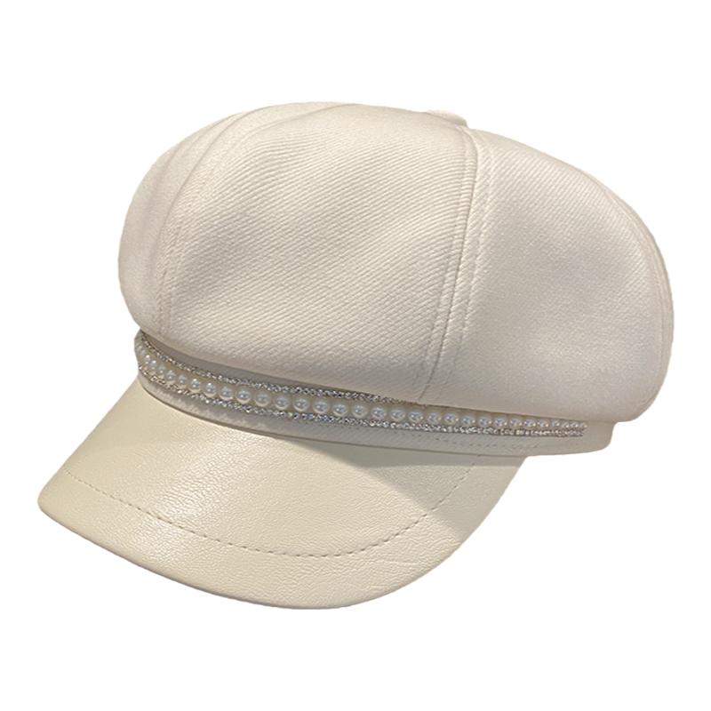 韩版ins百搭珍珠链条八角帽子女显脸小春秋季英伦复古画家报童帽