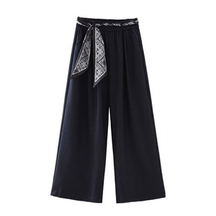 2026春装胖妹妹女装新款松紧腰裤子纯色丝巾绑带阔腿裤大码女长裤