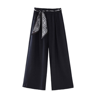 松紧腰裤子纯色丝巾绑带阔腿裤