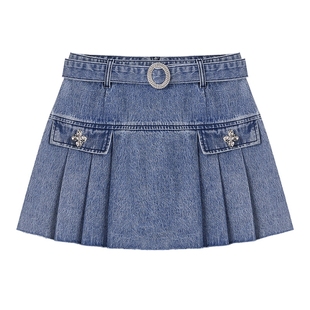MISSCOCOON学院风牛仔百褶裙miu系毛边A字短裙夏新款