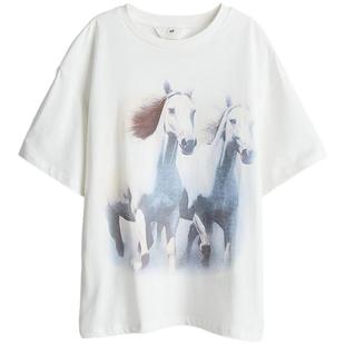 HM童装儿童女童T恤冬季印花图案休闲舒适宽松大廓形T恤1241194