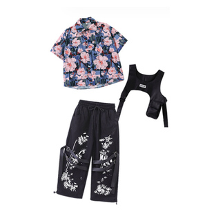 儿童街舞潮牌套装复古花衬衫男童演出服女童爵士舞走秀影楼写真酷