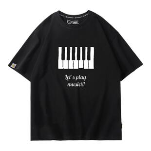 钢琴键图案音乐piano音符T恤短袖圆领夏季男女小童钢琴上衣半袖
