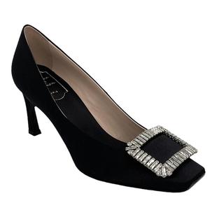 外贸绸缎高跟鞋方头RV水钻方扣单鞋宴会时尚浅口女鞋子真皮欧洲站