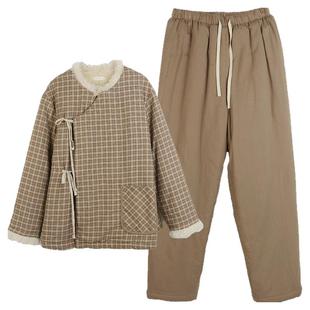 朵朵可可睡衣女2025新款冬季纯棉夹棉加绒斜襟游牧格纹家居服套装