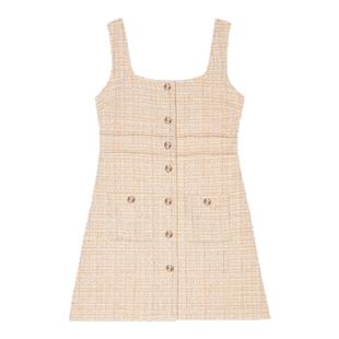 Maje2025春夏女装法式时尚粗花呢米黄色方领无袖短款吊带连衣裙