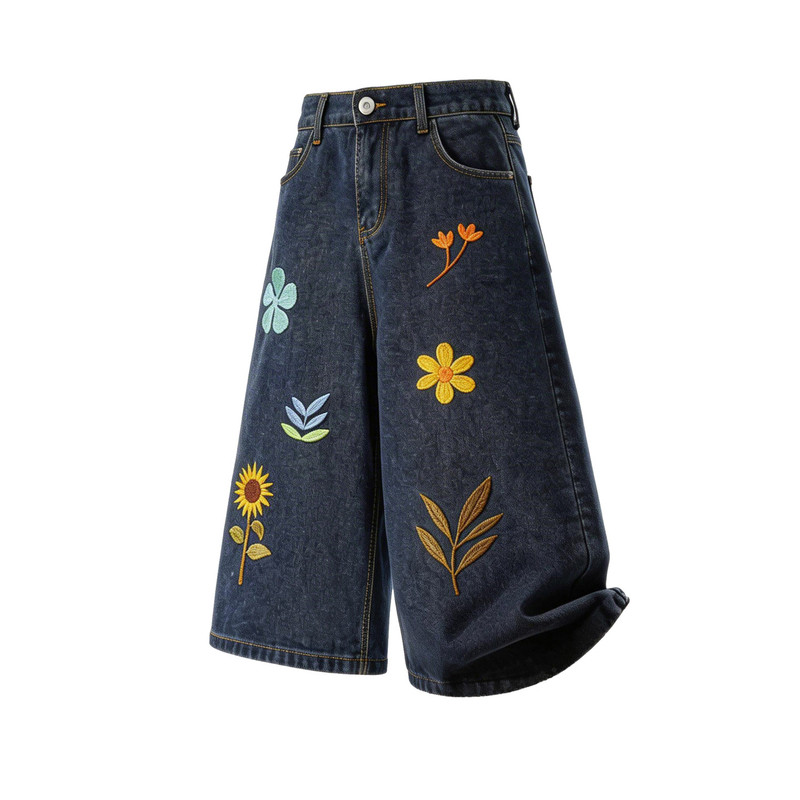 清新复古风！重工花朵刺绣牛仔七分裤 藏肉百搭夏季中裤