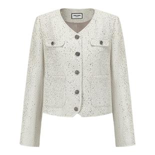 SHRO ENRO 新款个性设计感灰色无领亮片小香风短外套夹克女