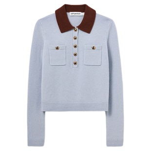 self-portrait 2025秋冬新款薄雾蓝撞色翻领羊毛羊绒针织毛衫上衣