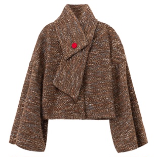 司童 呼啸苔原杂色格纹围巾领灯笼袖短款外套冬新款慵懒毛织上衣