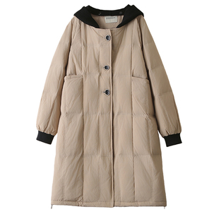 大码羽绒服女加肥加大2026新款针织帽拼接宽松连帽长款白鸭绒外套