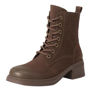 百丽英伦风羊皮马丁靴子女冬季加绒新款粗跟增高短靴子3NW45DD5