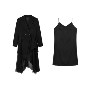 佧茜文西装拼接连衣裙2026春季新款气质优雅女神黑色两件套中长裙