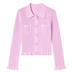 Goodland美地秋季翻领荷叶花边毛针织开衫玫瑰粉上衣